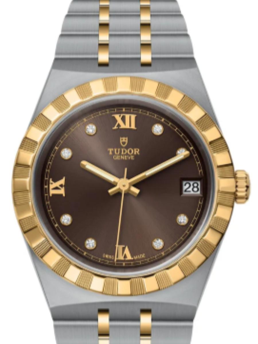 チューダー ロイヤル M28403-0009 ブラウン コンビモデル　チョコレートダイヤル　デイト表示　ローマインデックス　ダイヤ ユニセックス　メンズ　レディース　34ｍｍ　キャリバー T601　パワーリザーブ約38時間(新品未使用)