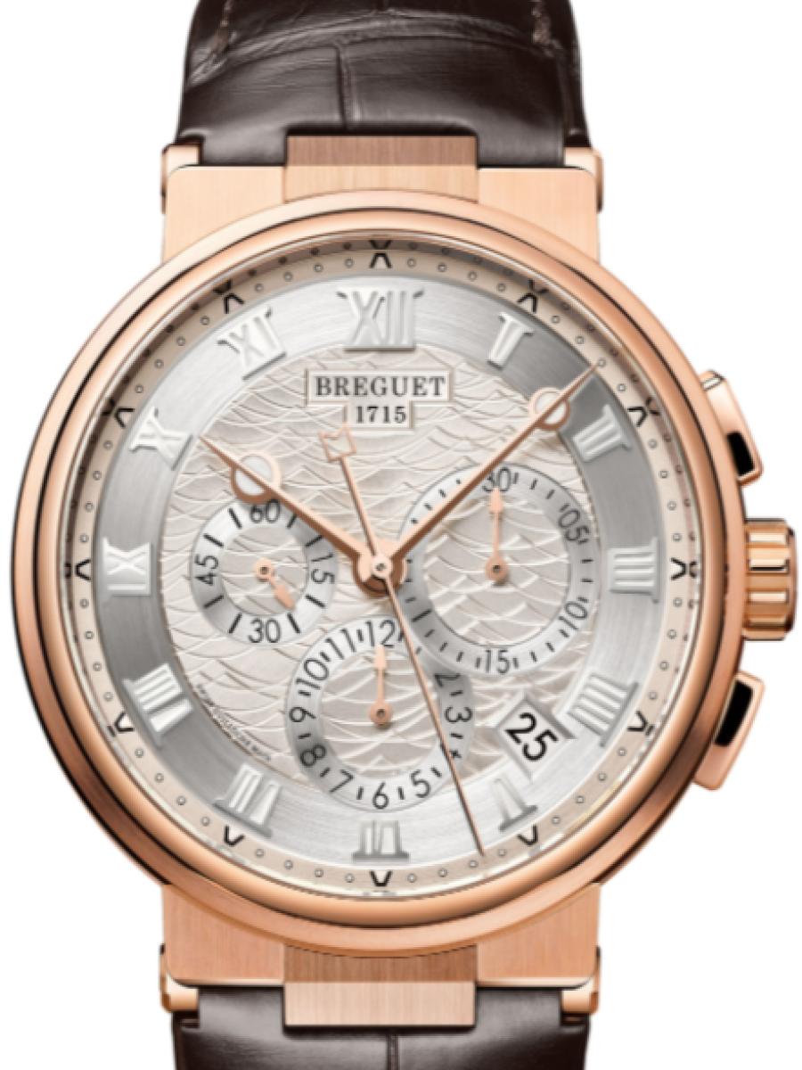 ブレゲ マリーン 5527BR/12/9WV シルバー マリーンクロノグラフィー5527　シルバーダイヤル　デイト表示 メンズ　メンズモデル　42.3 mm　18Kローズゴールド　サファイアケースバック　アリゲーターベルト(新品未使用)