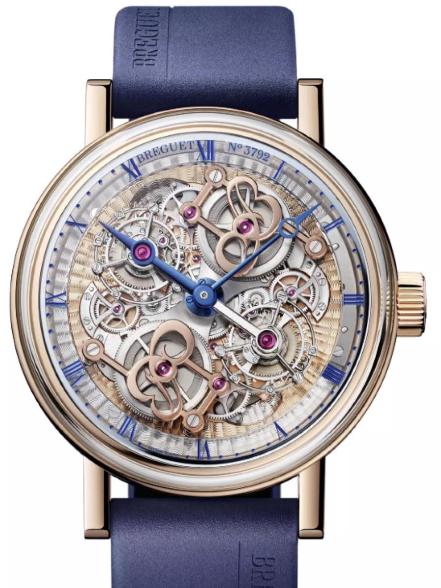ブレゲ クラシック 5345BR/1S/5XU スケルトン ブレゲ　クラシック ダブルトゥールビヨン ケ・ド・ロルロージュ5345　スケルトン　 メンズ　メンズモデル　46 mm　18Kローズゴールド　ブルーラバーベルト　シースルーバック(新品未使用)