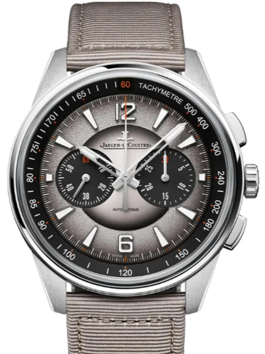 ジャガールクルト ポラリス Q902843J グレー 限定モデル　ポラリス クロノグラフ　グレーダイヤル　スモールセコンド　 メンズ　メンズモデル　42 mm 　ストラップ2本付属　シースルーバック　キャンバスストラップ　キャリバー761(新品未使用)