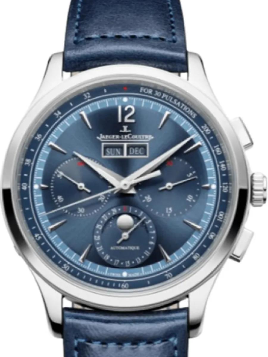 ジャガールクルト マスター Q4138480 ブルー マスター・コントロール クロノグラフ・カレンダー　ブルーダイヤル　デイデイト　ムーンフェイズ メンズ　40 mm 　シースルーバック　アリゲーターベルト　キャリバー759　パワーリザーブ65時間(新品未使用)
