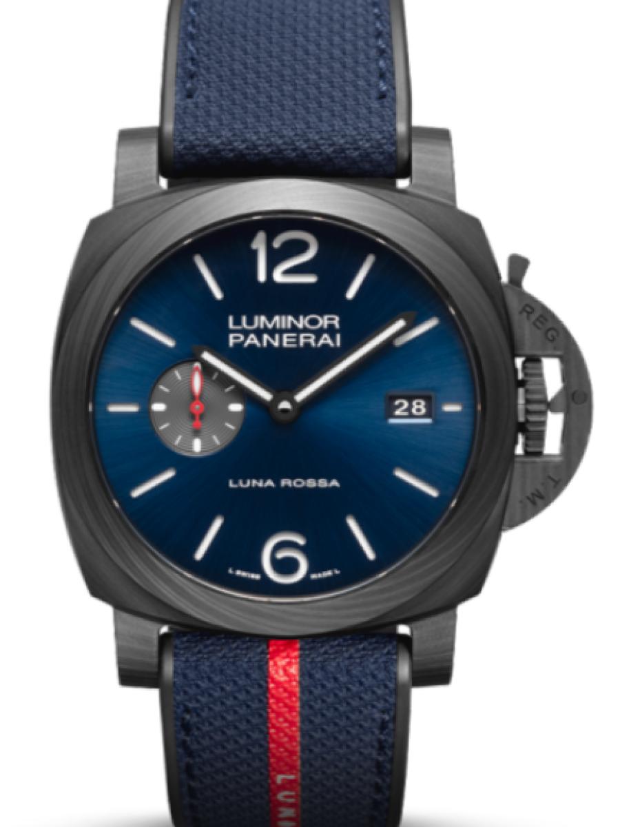 パネライ ルミノール PAM01529 ブルー オンライン限定モデル　ルミノール マリーナ カーボテッTM ルナ・ロッサ　ブルーダイヤル　スモールセコンド　デイト表示　 メンズ　44ｍｍ　キャリバーP.9010　パワーリザーブ3日間　ナ・ロッサ ファブリックラバー　バイマテリアルブルーベルト(新品未使用)
