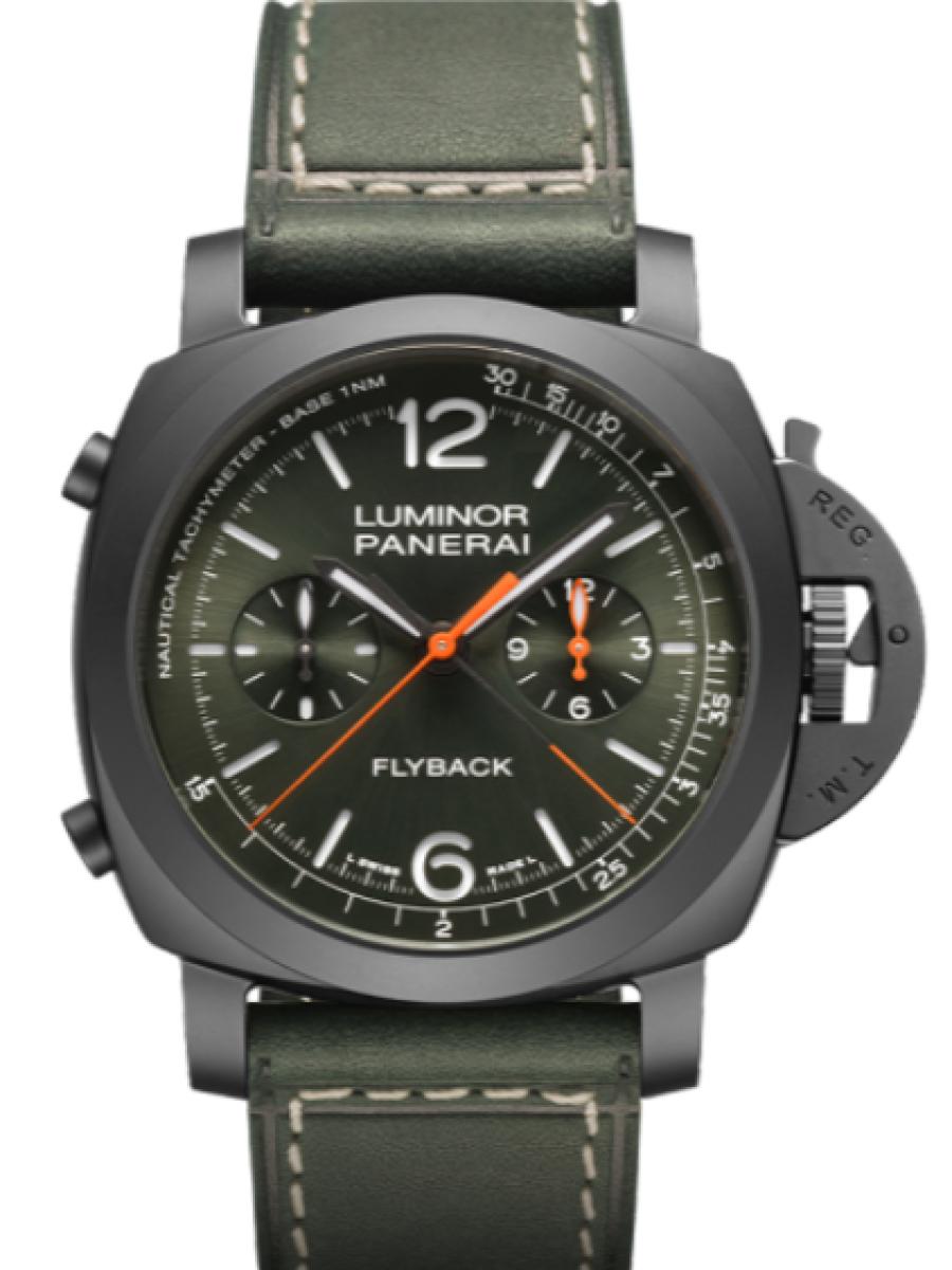 パネライ ルミノール PAM01498 グリーン リミテッドエディション限定　ブティック限定モデル　ルミノール クロノ フライバック　グリーンダイヤル　スモールセコンド　 メンズ　44ｍｍ　カーフ グリーン　シースルーバック　カーフ グリーンベルト(新品未使用)