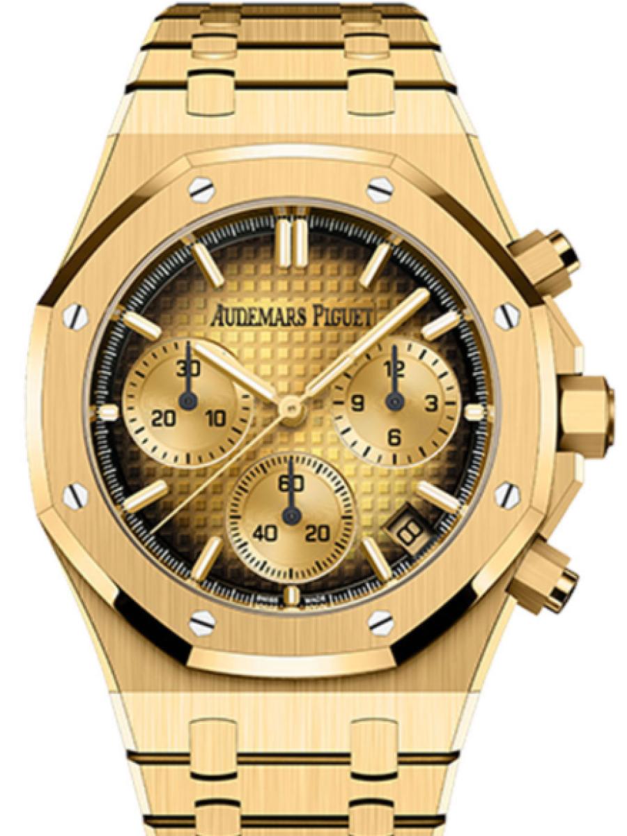 オーデマピゲ ロイヤルオーク 26240BA.OO.1320BA.02 イエローゴールド クロノグラフ　スモークイエローゴールダイヤル　グランドタペストリー模様　3カウンター　デイト表示 メンズ　41ｍｍ　キャリバー4401　パワーリザーブ70時間(新品未使用)