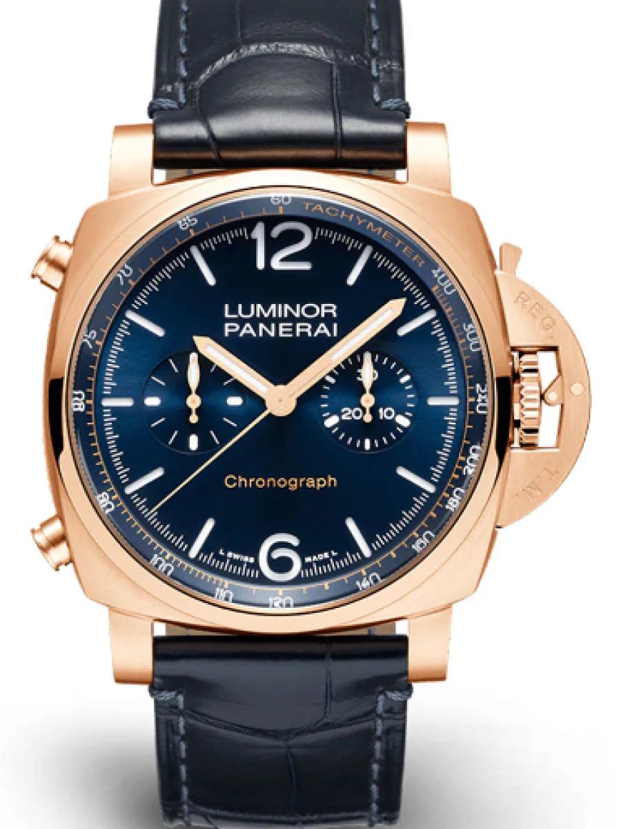 パネライ ルミノール PAM01111 ブルー ルミノールクロノゴールドテック　ブルーダイヤル　スモールセコンド　クロノ メンズ　44ｍｍ　キャリバーP.9200　パワーリザーブ42時間　アリゲーターベルト(新品未使用)