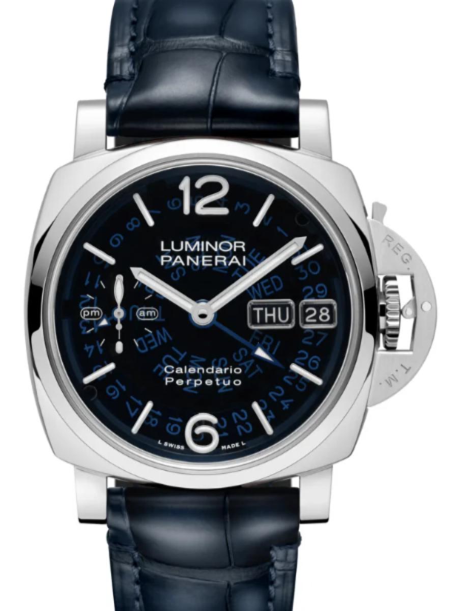 パネライ ルミノール PAM01575 ブルー 2025年新作　新作モデル　ルミノールパーペチュアルカレンダーGMT プラチナテック　デイデイト　スモールセコンド　ダークブルークリスタルダイヤル メンズ　44ｍｍ　キャリバーP.4100　パワーリザーブ3日間　ダークブルー アリゲーター(新品未使用)