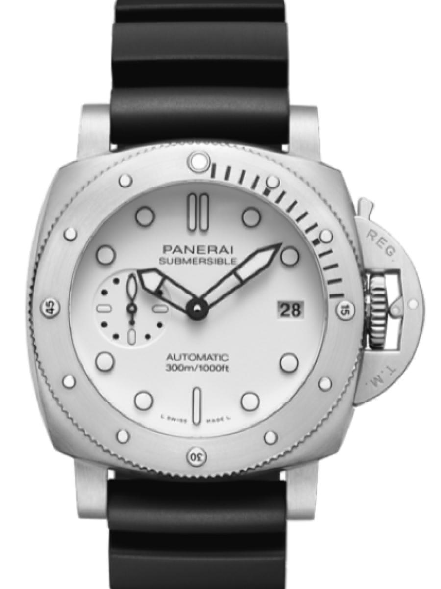 パネライ サブマーシブル PAM01590 ホワイト ホワイトダイヤル　デイト表示　スモールセコンド　アワーインデックス メンズ　42ｍｍ　キャリバーP.900　カウッチュー ブラックベルト(新品未使用)