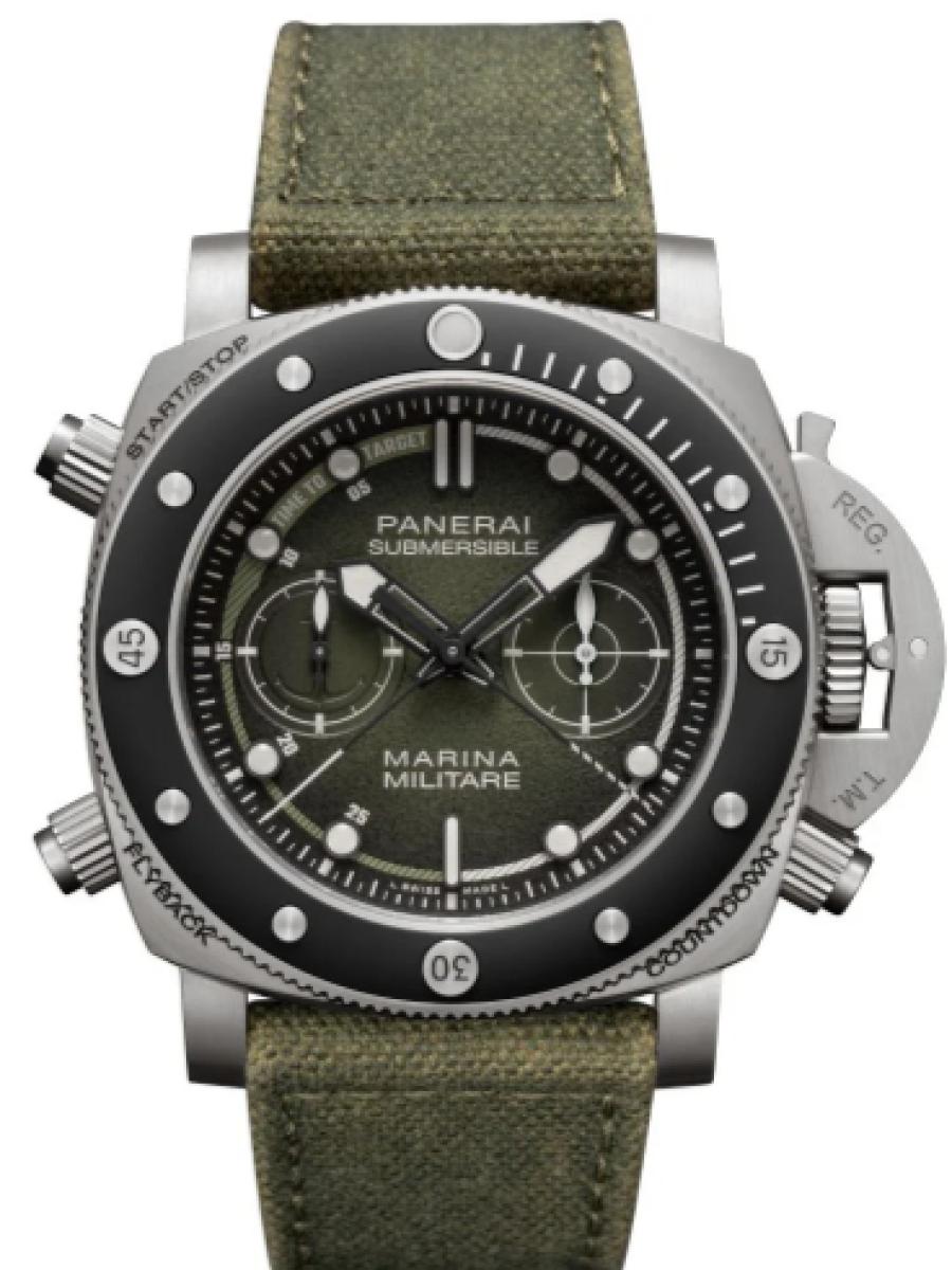 パネライ サブマーシブル PAM01699 グリーン 2025年新作　新作モデル　リミテッドエディション限定　サブマーシブル クロノ マリーナ ミリターレ エクスペリエンス エディション　グリーンダイヤル　35本限定　数量限定　 メンズ　47ｍｍ　キャリバーP.9100/R　パワーリザーブ3日間　ダークグリーン テキスタイル(新品未使用)