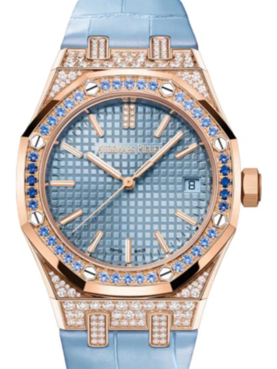 オーデマピゲ ロイヤルオーク 15551OR.ZS.D344CR.01 ライトブルー オートマティック　ブルーサファイア　パステルブルーダイヤル　グランドタペストリーダイヤル　デイト表示 メンズ　レディース　キャリバー5900　パワーリザーブ60時間　アリゲーターストラップ(新品未使用)