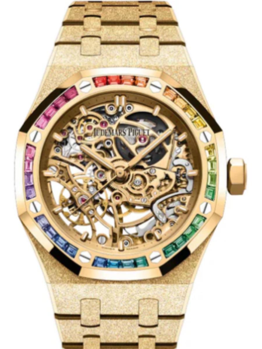 オーデマピゲ ロイヤルオーク 15468BA.YG.1259BA.01-B スケルトン フロステッドゴールド ダブル バランスホイール オープンワーク 　スケルトン　バケットカットダイヤ　サファイヤ メンズ　レディース　37ｍｍ　キャリバー3132(新品未使用)