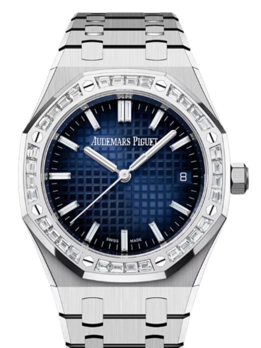 オーデマピゲ ロイヤルオーク 77451BC.ZZ.1361BC.01 ブルー オートマティック　スモークブルーダイヤル　グランドタペストリー　バゲットカット ダイヤモンド　ブルーダイヤル　デイト表示 メンズ　レディース　34ｍｍ　キャリバー5800　パワーリザーブ50時間(新品未使用)