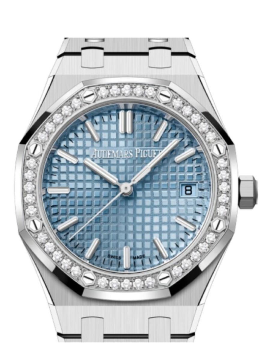 オーデマピゲ ロイヤルオーク 77451ST.ZZ.1361ST.03 ライトブルー オートマティック　ライトブルーダイヤル　デイト表示　ダイヤ　グランドタペストリー メンズ　レディース　34ｍｍ　キャリバー5800　パワーリザーブ50時間(新品未使用)