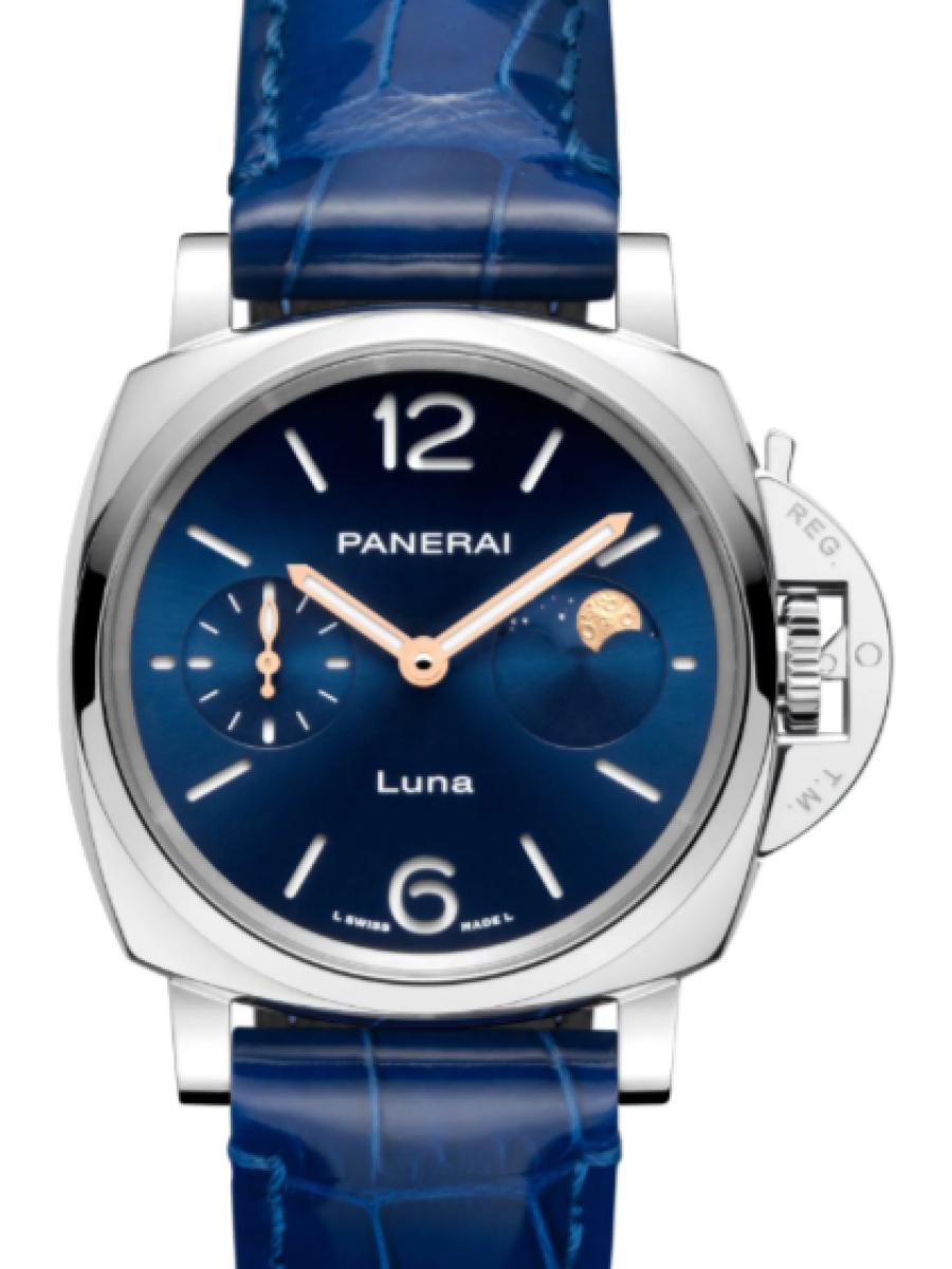 パネライ ルミノールドゥエ PAM01179 ブルー ルミノール ドゥエ ルナ　ブルーダイヤル　ムーンフェイズ　スモールセコンド レディース　ユニセックス　38ｍｍ　キャリバーP.900/MP 　パワーリザーブ3日間　アリゲーター シャイニーブルー(新品未使用)