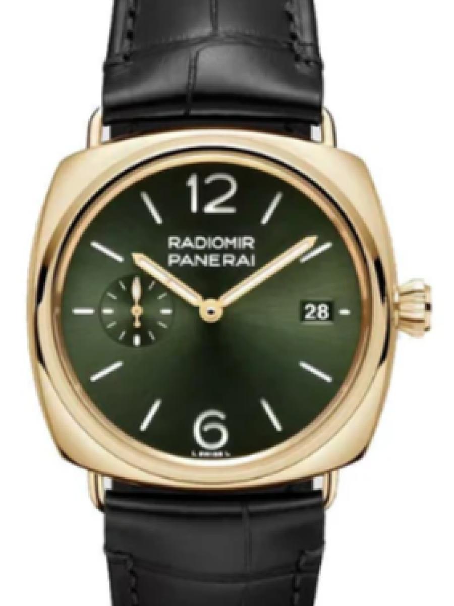 パネライ ラジオミール PAM01437 グリーン ラジオミール クアランタ イエローゴールド  ブティック限定　グリーンダイヤル　スモールセコンド　デイト表示　500本限定 メンズ　40ｍｍ　キャリバーP.900　アリゲーター セミマットブラック　シースルーバック(新品未使用)