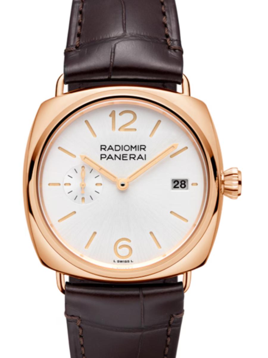 パネライ ラジオミール PAM01026 ホワイト ラジオミール クアランタ ゴールドテック　ホワイトダイヤル　スモールセコンド　デイト表示 メンズ　40ｍｍ　キャリバーP.900　パワーリザーブ3日間　 アリゲーター ダークブラウン(新品未使用)