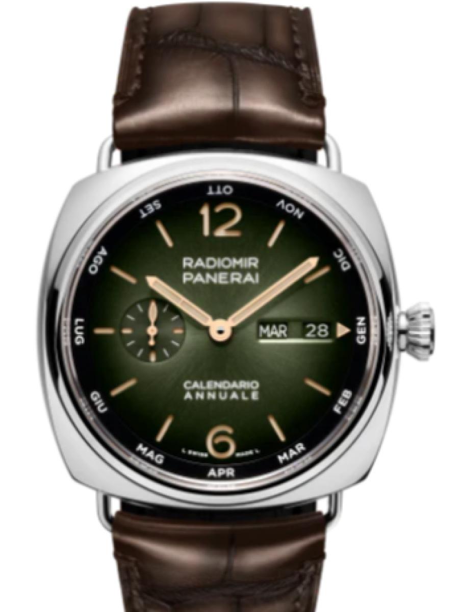 パネライ ラジオミール PAM01364 グリーン アニュアルカレンダー プラチナテック　グリーンダイヤル　スモールセコンド　デイデイト メンズ　45ｍｍ　パワーリザーブ3日間　キャリバーP.9010　アリゲーター ダークブラウン(新品未使用)