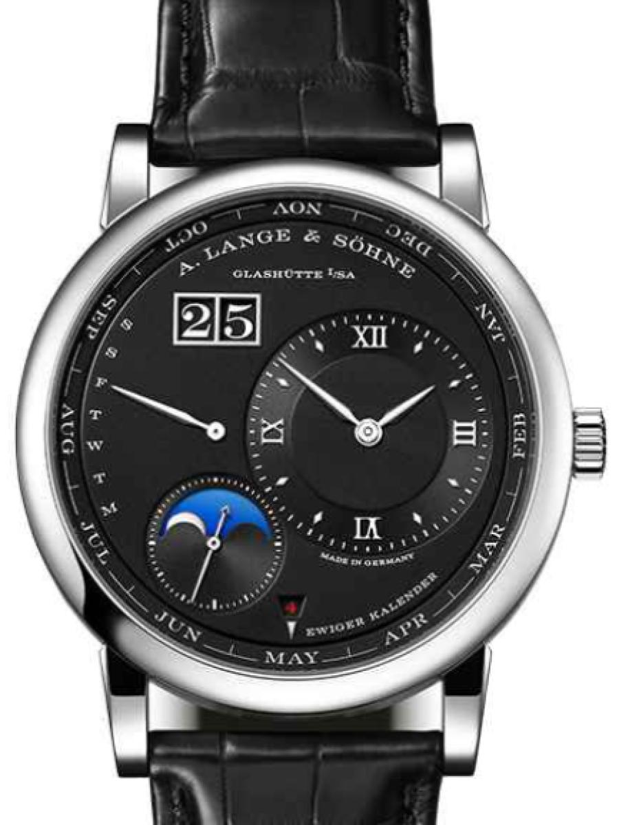 ランゲ＆ゾーネ ランゲ1 345.036-E ブラック ランゲ1・パーペチュアルカレンダー プラチナ950　ブラックダイヤル　アウトサイズデイト　デイ・ナイト表示　 ムーンフェイズ表示　パーペチュアルカレンダー　デイト表示 メンズ　 41.9 mm　パワーリザーブ 50 時間　シースルーバック　(新品未使用)