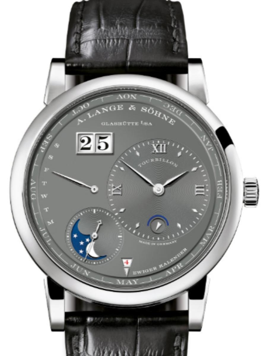 ランゲ＆ゾーネ ランゲ1 720.038FE グレー ランゲ1･トゥールビヨン･パーペチュアルカレンダー ホワイトゴールド750　グレーダイヤル　アウトサイズデイト カレンダー機能 ムーンフェイズ表示　トゥールビヨン　日付表示および曜日表示　デイ・ナイト表示　パーペチュアルカレンダー　 メンズ　41.9 mm　パワーリザーブ 50 時間　キャリバー L082.1　シースルーバック(新品未使用)