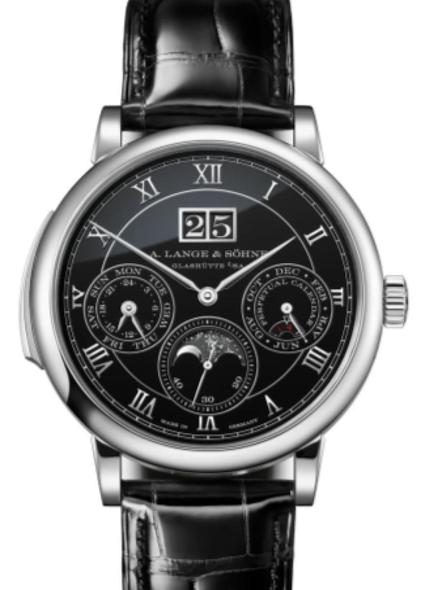 ランゲ＆ゾーネ サクソニア 607.091FE ブラック 数量限定モデル　50本限定　ミニッツリピーター・パーペチュアル プラチナ950　アウトサイズデイト カレンダー機能 ムーンフェイズ表示 ハンマー打ち機能 デイ・ナイト表示 パーペチュアルカレンダー ミニッツリピーター 曜日表示  メンズ　40.5ｍｍ　パワーリザーブ 72 時間　キャリバー L122.2　シースルーバック(新品未使用)