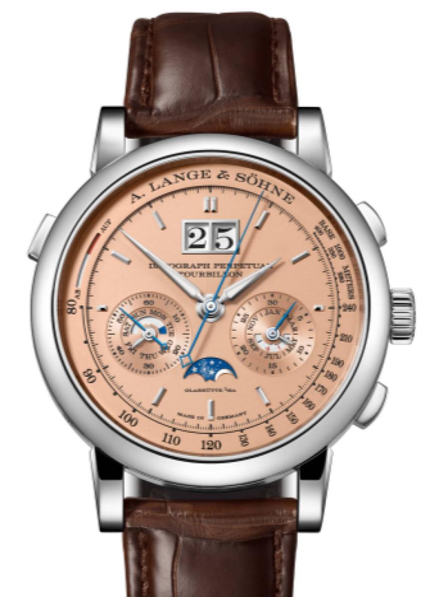 ランゲ＆ゾーネ サクソニア 740.056FE サーモンピンク 数量限定モデル　100本限定　ダトグラフ・パーペチュアル・トゥールビヨン ホワイトゴールド750　サーモンピンク　アウトサイズデイト カレンダー機能 ムーンフェイズ表示 ハンマー打ち機能 デイ・ナイト表示 パーペチュアルカレンダー ミニッツリピーター 曜日表示　　 メンズ　41.5ｍｍ　パワーリザーブ 50 時間　キャリバー L952.2　シースルーバック(新品未使用)