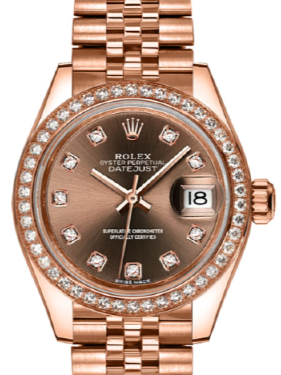 ロレックス レディデイトジャスト 279135rbr-0018 チョコレート オイスター　エバーローズゴールド　ダイヤモンド　チョコレートダイヤル　ダイヤインデックス　デイト表示　 レディース　28 mm　キャリバー 2236　パワーリザーブ 約55時間　(新品未使用)