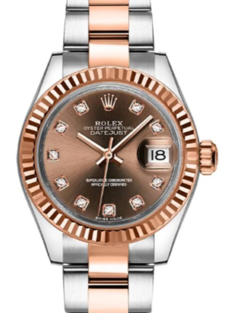 ロレックス レディデイトジャスト 279171-0012 チョコレート オイスター　オイスタースチール＆エバーローズゴールド　ダイヤインデックス　チョコレートダイヤル　デイト表示 レディース　28ｍｍ　キャリバー 2236　パワーリザーブ 約55時間　(新品未使用)