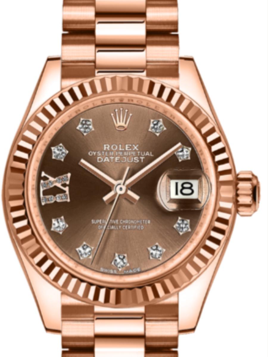 ロレックス レディデイトジャスト 279175-0002 チョコレート オイスター　エバーローズゴールド　チョコレートダイヤル　フルーテッドベゼル　ダイヤインデックス　デイト表示 レディース　28ｍｍ　キャリバー 2236　パワーリザーブ 約55時間　(新品未使用)