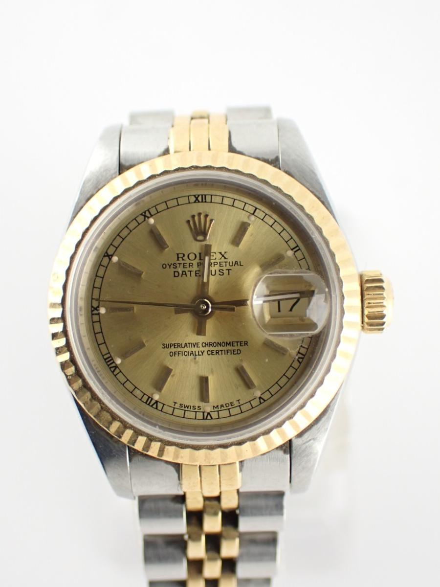ロレックス デイトジャスト 69173 シャンパン 26mm径、レディース(B※全体傷、ガラス傷、文字盤やけ、ブレスよれ)