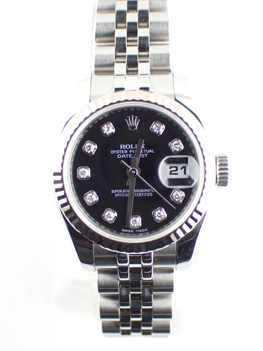 ロレックス デイトジャスト 179174G ブラック 26mm径、レディース(A※傷あり中古、ガラス割れ無し)