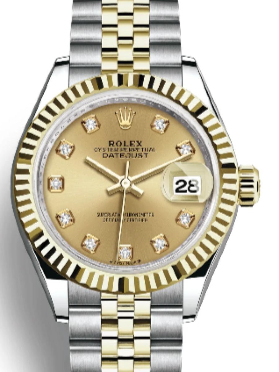 ロレックス レディデイトジャスト 279173-0011 シャンパンゴールド オイスター　オイスタースチール＆イエローゴールド　シャンパンダイヤル　ダイヤインデックス　フルーテッドベゼル レディース　28ｍｍ　キャリバー 2236　パワーリザーブ 約55時間　(新品未使用)