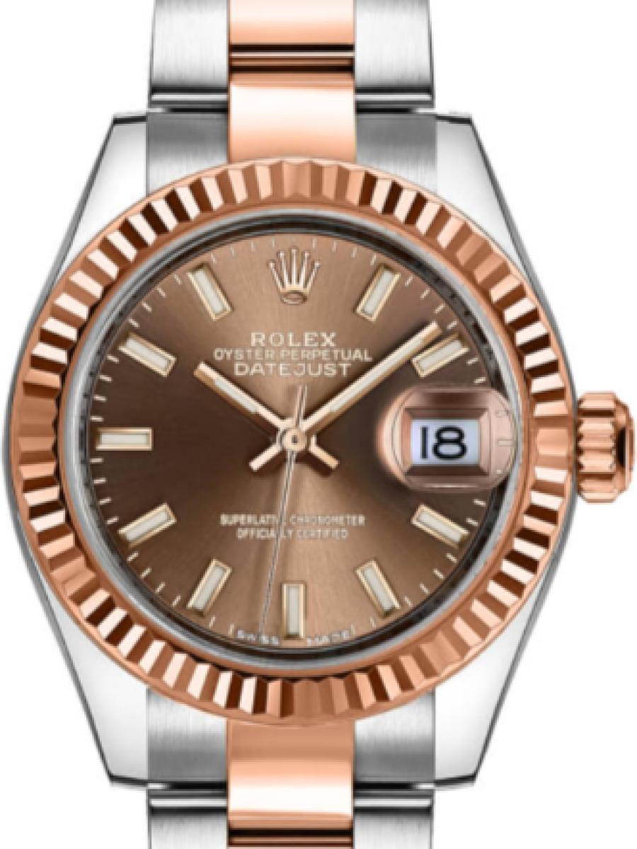 ロレックス レディデイトジャスト 279171-0018 チョコレート オイスター　オイスタースチール＆エバーローズゴールド　チョコレートダイヤル　バーインデックス　 レディース　28ｍｍ　キャリバー 2236　パワーリザーブ 約55時間　(新品未使用)