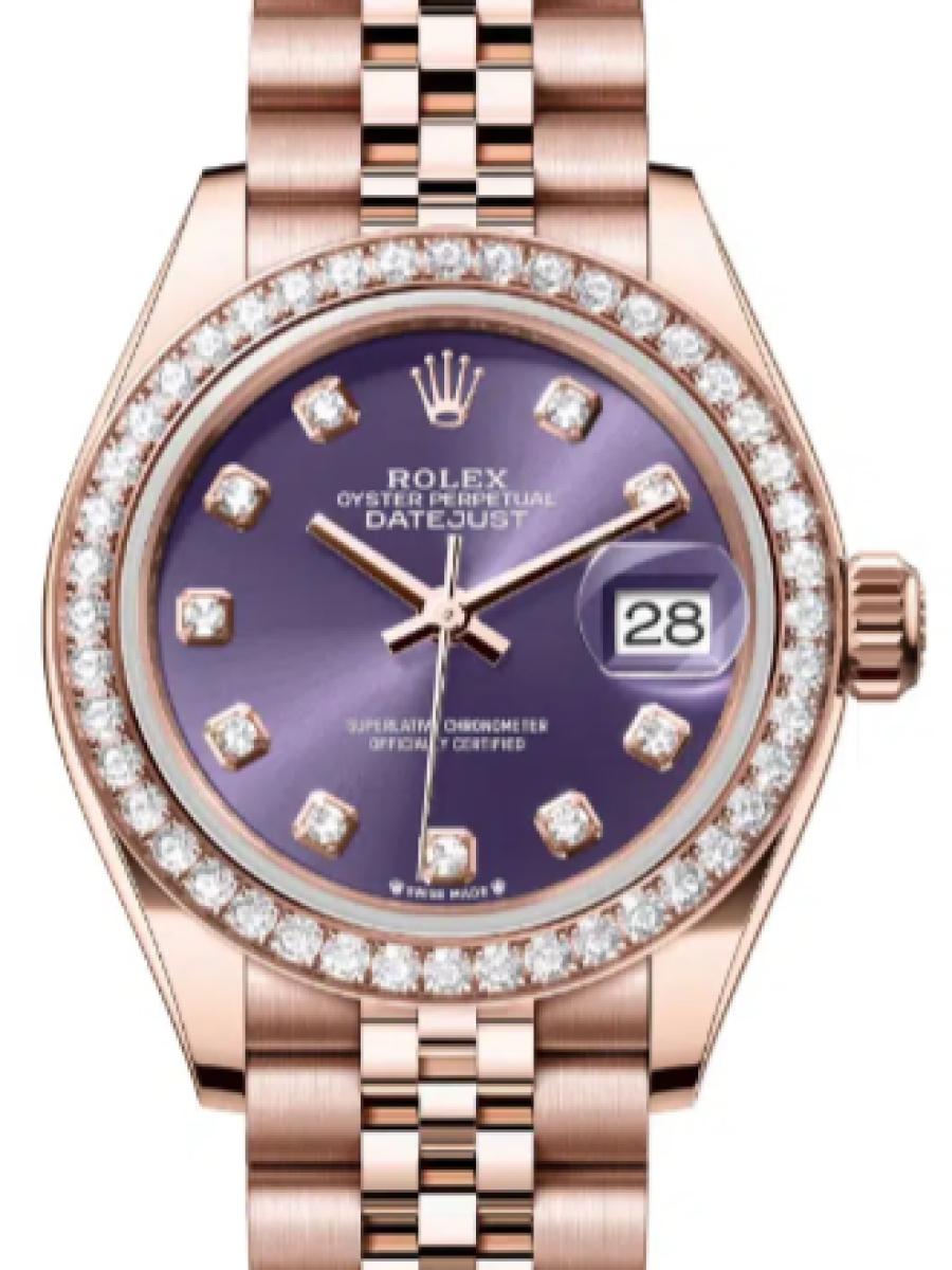 ロレックス レディデイトジャスト 279135rbr-0011 オーベルジーヌ オイスター　エバーローズゴールド　ダイヤモンド　オーベルジーヌダイヤル　ダイヤインデックス レディース　28ｍｍ　キャリバー 2236　パワーリザーブ 約55時間　(新品未使用)