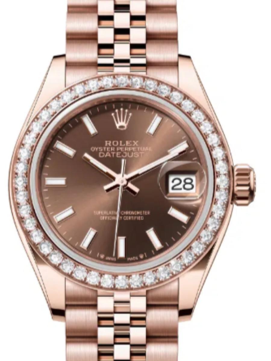 ロレックス レディデイトジャスト 279135rbr-0008 チョコレート オイスター　エバーローズゴールド　ダイヤモンドベゼル　チョコレートダイヤル レディース　28ｍｍ　キャリバー 2236　パワーリザーブ 約55時間　(新品未使用)
