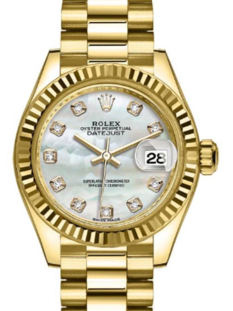 ロレックス レディデイトジャスト 279178-0025 マザーオブパール オイスター　イエローゴールド　マザーオブパールダイヤル　ダイヤインデックス レディース　28ｍｍ　キャリバー 2236　パワーリザーブ 約55時間(新品未使用)