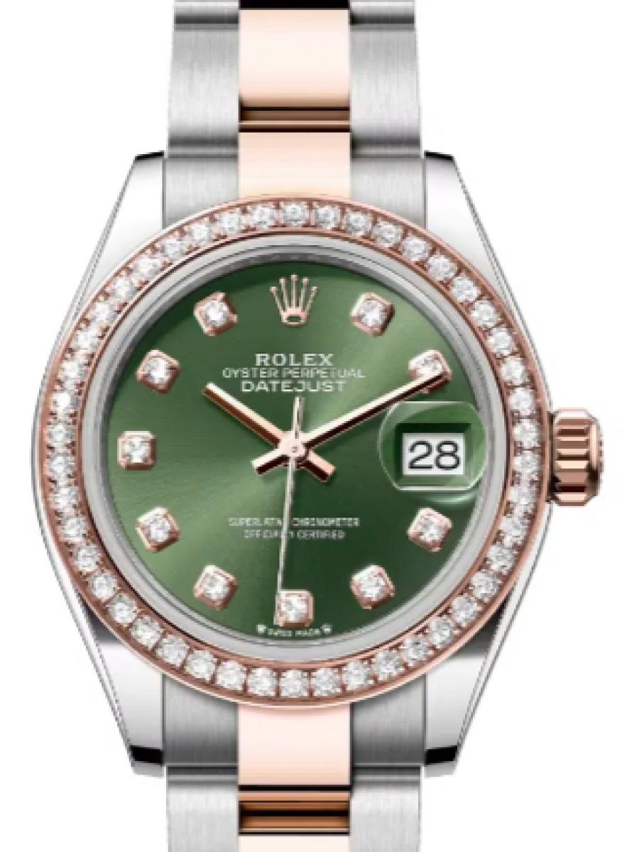 ロレックス レディデイトジャスト 279381rbr-0008 オリーブグリーン オイスター　オイスタースチール＆エバーローズゴールド　ダイヤモンドベゼル　ダイヤインデックス　オリーブグリーンダイヤル レディース　28ｍｍ　キャリバー 2236　パワーリザーブ 約55時間(新品未使用)