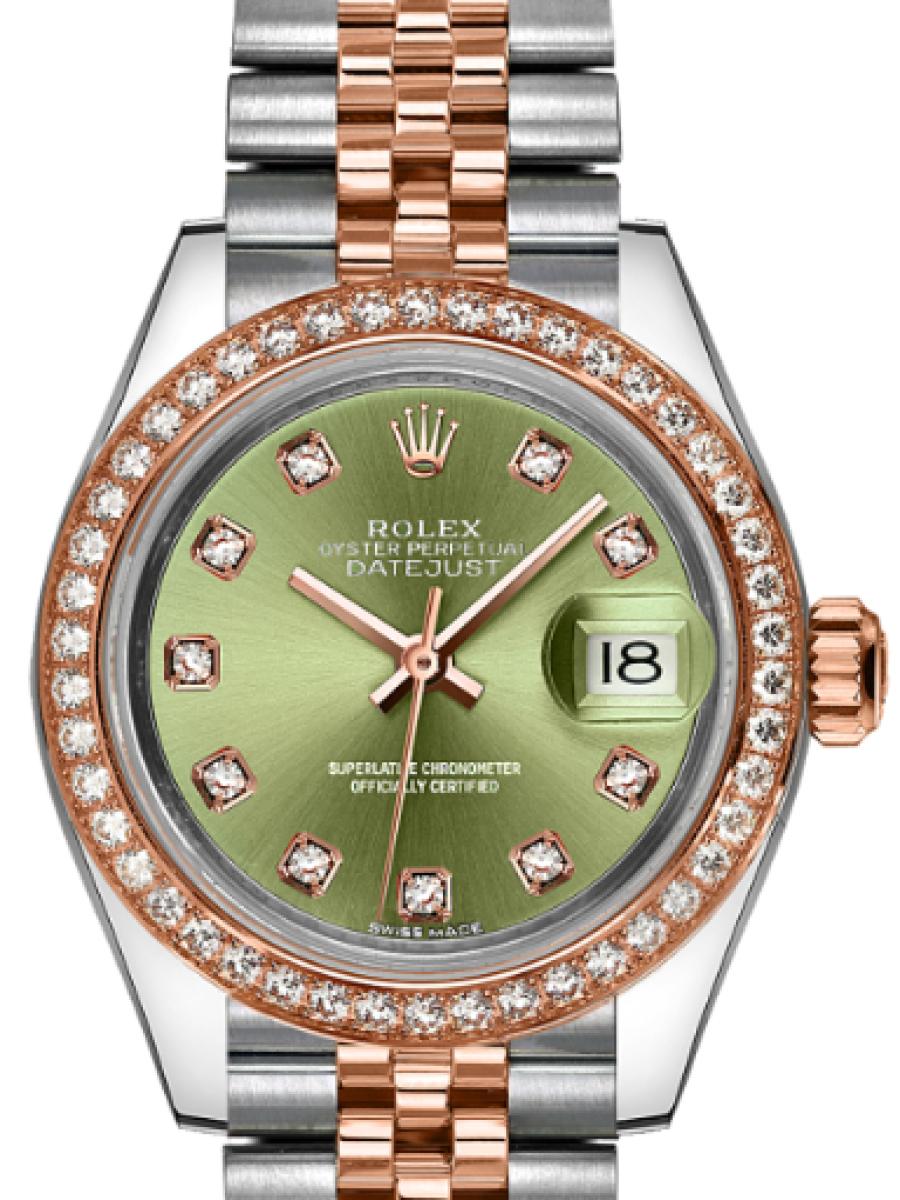 ロレックス レディデイトジャスト 279381rbr-0007 オリーブグリーン オイスター　オイスタースチール＆エバーローズゴールド　ダイヤモンドベゼル　ダイヤインデックス　オリーブグリーン レディース　28ｍｍ　キャリバー 2236パワーリザーブ 約55時間　(新品未使用)