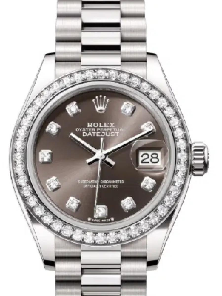 ロレックス レディデイトジャスト 279139rbr-0011 ダークグレー オイスター　ホワイトゴールド　ダイヤモンドベゼル　ダークグレーダイヤル　ダイヤインデックス レディース　28ｍｍ　キャリバー 2236　パワーリザーブ 約55時間(新品未使用)