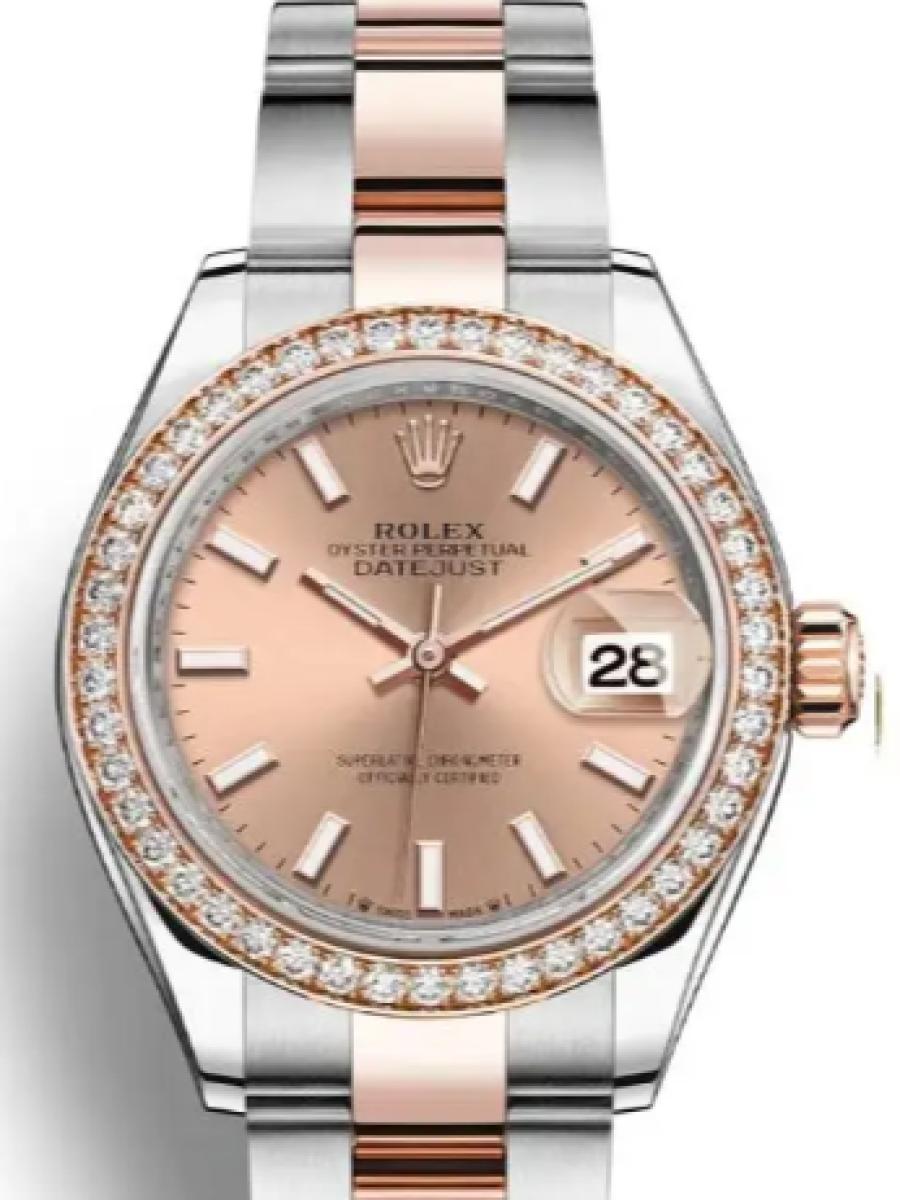 ロレックス レディデイトジャスト 279381rbr-0024 ロゼ オイスタースチール＆エバーローズゴールド　ダイヤモンドベゼル　ロゼダイヤル　バーインデックス レディース　28ｍｍ　キャリバー 2236　パワーリザーブ 約55時間(新品未使用)