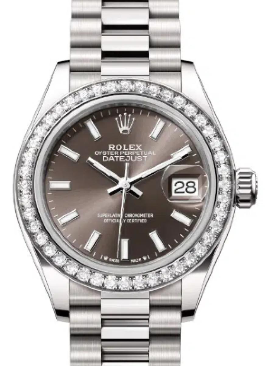 ロレックス レディデイトジャスト 279139rbr-0009 ダークグレー ホワイトゴールド　ダイヤモンドベゼル　バーインデックス　ダークグレーダイヤル　バーインデックス レディース　28ｍｍ　キャリバー 2236　パワーリザーブ 約55時間(新品未使用)
