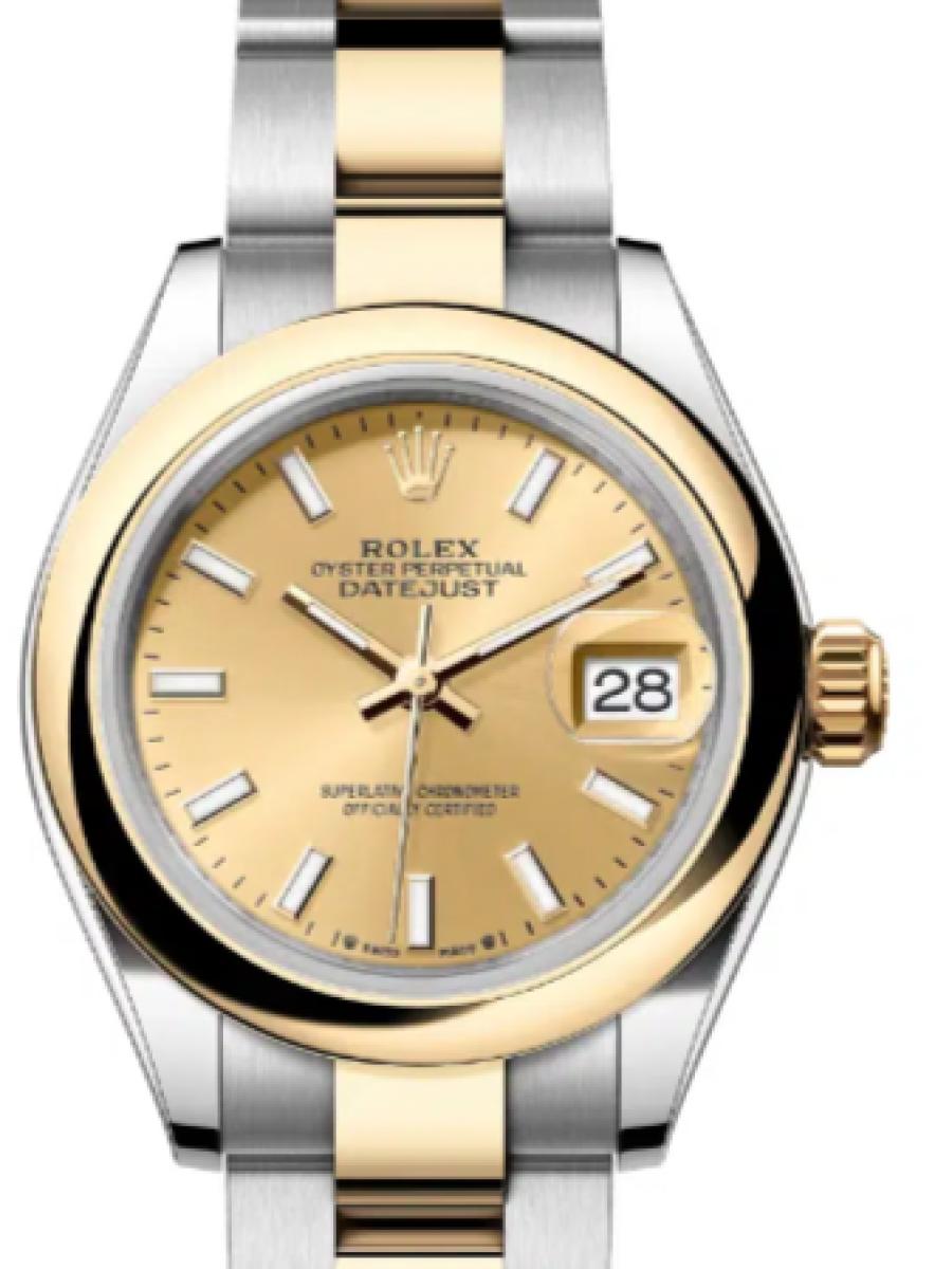 ロレックス レディデイトジャスト 279163-0002 シャンパンカラー オイスタースチール＆イエローゴールド　シャンパンダイヤル　バーインデックス レディース　28ｍｍ　キャリバー 2236　パワーリザーブ 約55時間28(新品未使用)