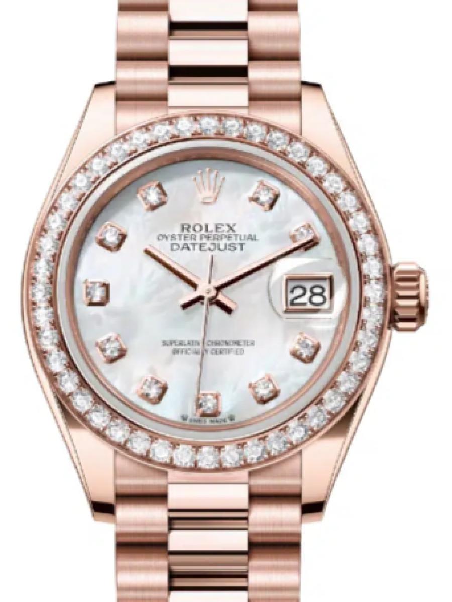 ロレックス レディデイトジャスト 279135rbr-0010 マザーオブパール エバーローズゴールド　ダイヤモンドインデックス　ダイヤベゼル　マザーオブパールダイヤル レディース　28ｍｍ　キャリバー 2236　パワーリザーブ 約55時間　プレジデントブレス(新品未使用)