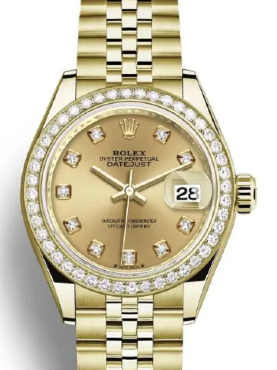 ロレックス レディデイトジャスト 279138rbr-0024 シャンパンゴールド イエローゴールド　ダイヤモンドベゼル　ダイヤインデックス レディース　28ｍｍ　キャリバー 2236　パワーリザーブ 約55時間(新品未使用)