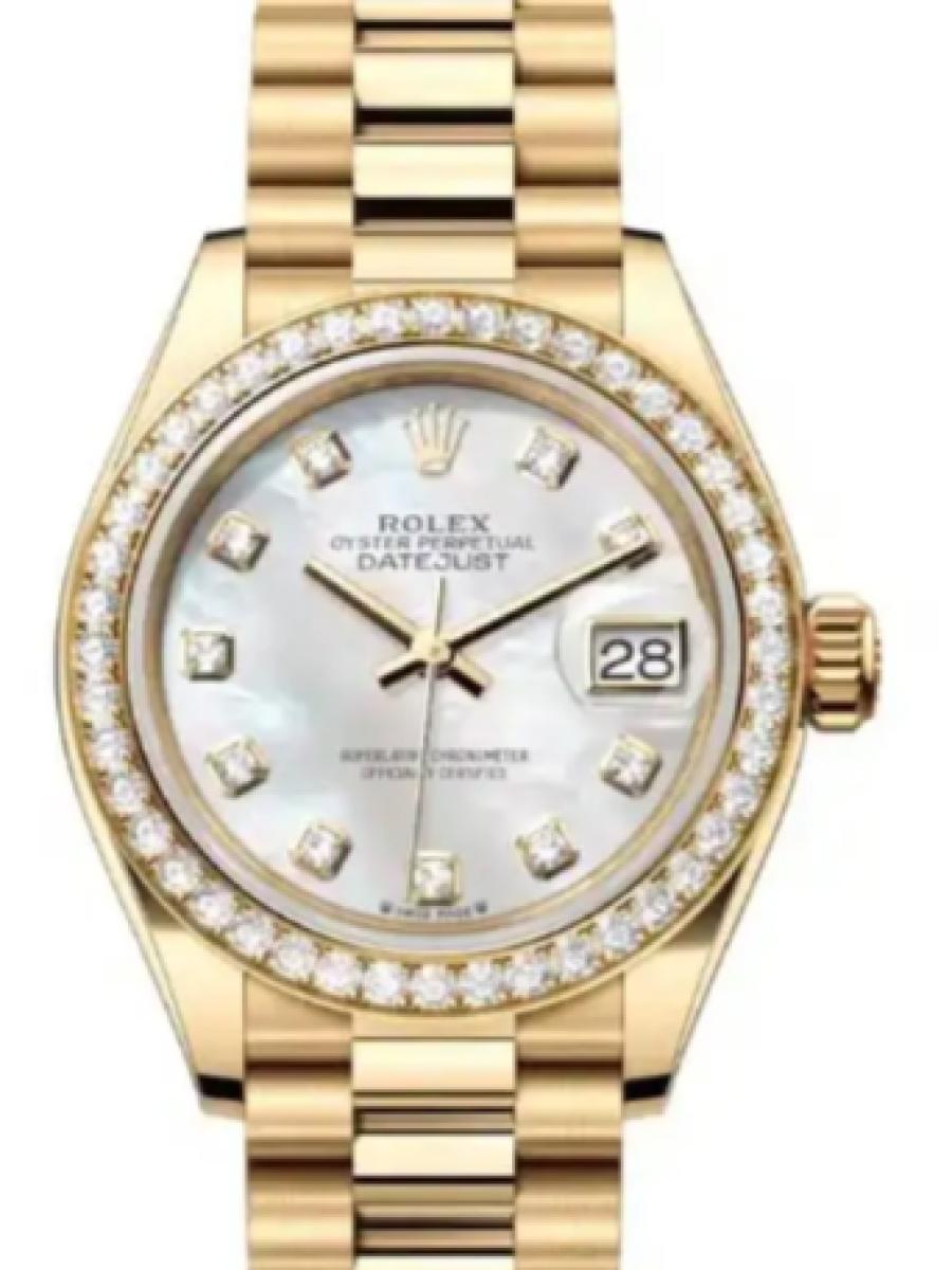 ロレックス レディデイトジャスト 279138rbr-0015 マザーオブパール イエローゴールド　ダイヤモンドベゼル　ダイヤインデックス　マザーオブパールダイヤル レディース　28ｍｍ　キャリバー 2236　パワーリザーブ 約55時間(新品未使用)