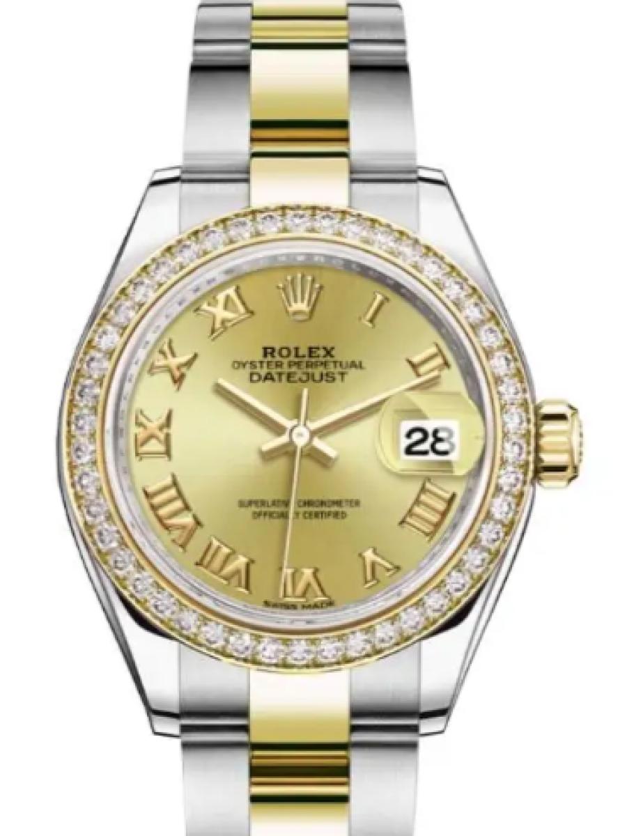 ロレックス レディデイトジャスト 279383rbr-0010 シャンパンゴールド オイスタースチール＆イエローゴールド　ダイヤモンドベゼル　ローマインデックス レディース　28ｍｍ　キャリバー 2236　パワーリザーブ 約55時間(新品未使用)
