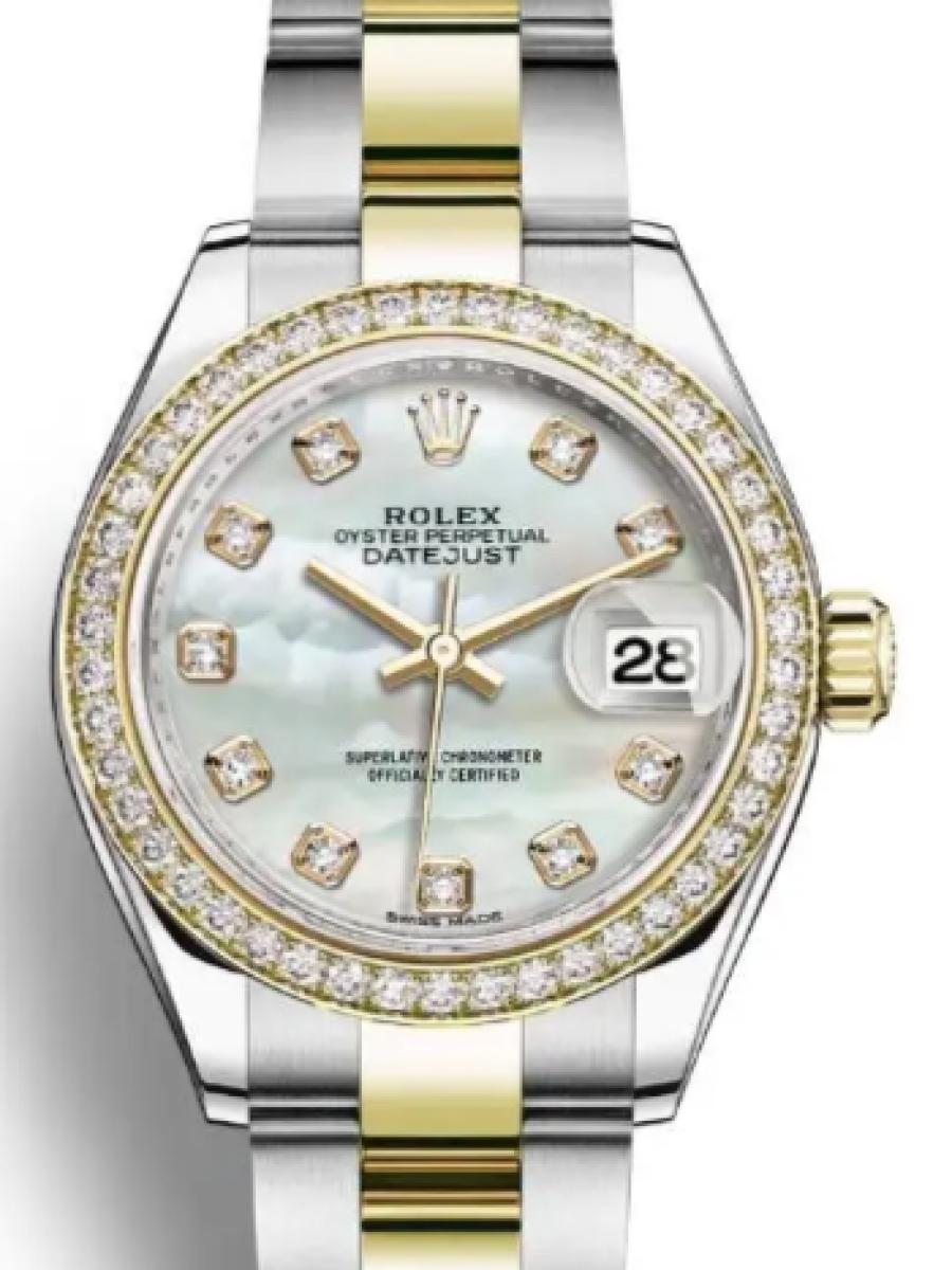 ロレックス レディデイトジャスト 279383rbr-0020 マザーオブパール オイスタースチール＆イエローゴールド　ダイヤモンドインデックス　ダイヤベゼル レディース　28ｍｍ　キャリバー 2236　パワーリザーブ 約55時間(新品未使用)
