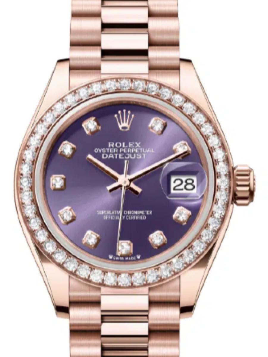 ロレックス レディデイトジャスト 279135rbr-0020 オーベルジーヌ エバーローズゴールド　ダイヤモンドベゼル　ダイヤインデックス レディース　28ｍｍ　キャリバー 2236　パワーリザーブ 約55時間(新品未使用)