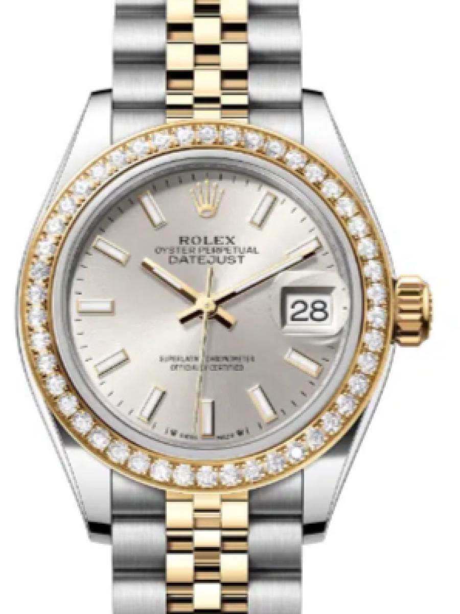 ロレックス レディデイトジャスト 279383rbr-0017 シルバー オイスタースチール＆イエローゴールド　ダイヤモンドベゼル、バーインデックス レディース　28ｍｍ　キャリバー 2236　パワーリザーブ 約55時間(新品未使用)