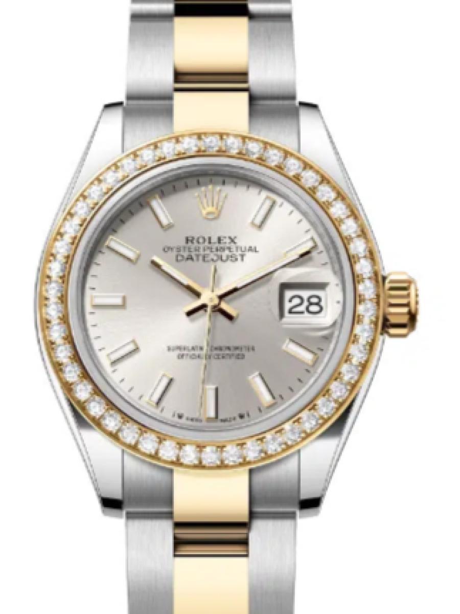 ロレックス レディデイトジャスト 279383rbr-0018 シルバー オイスタースチール＆イエローゴールド　ダイヤモンドベゼル　バーインデックス レディース　28ｍｍ　キャリバー 2236　パワーリザーブ 約55時間(新品未使用)