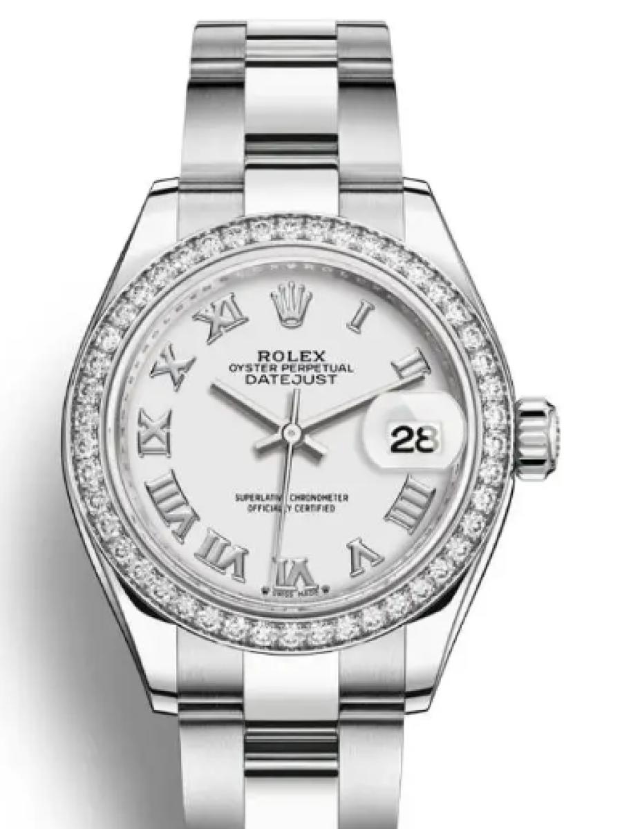 ロレックス レディデイトジャスト 279384rbr-0020 ホワイト オイスタースチール＆ホワイトゴールド　ダイヤモンドベゼル　ローマインデックス　ホワイトダイヤル レディース　28ｍｍ　キャリバー 2236　パワーリザーブ 約55時間(新品未使用)
