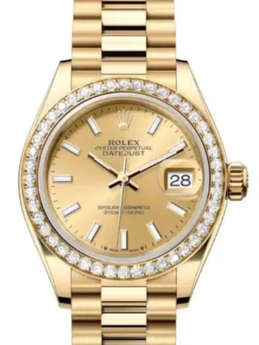 ロレックス レディデイトジャスト 279138rbr-0014 シャンパンゴールド イエローゴールド　ダイヤモンドベゼル　バーインデックス レディース　28ｍｍ　キャリバー 2236　パワーリザーブ 約55時間(新品未使用)